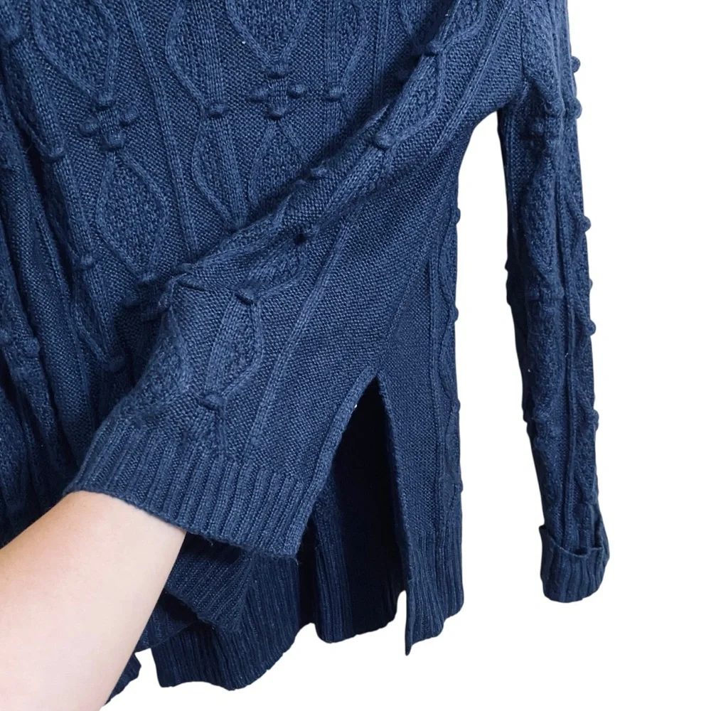 Gretchen Scott Dark Navy Knot Enough Textured‎ Side Slit Chunky Sweater Sz Small